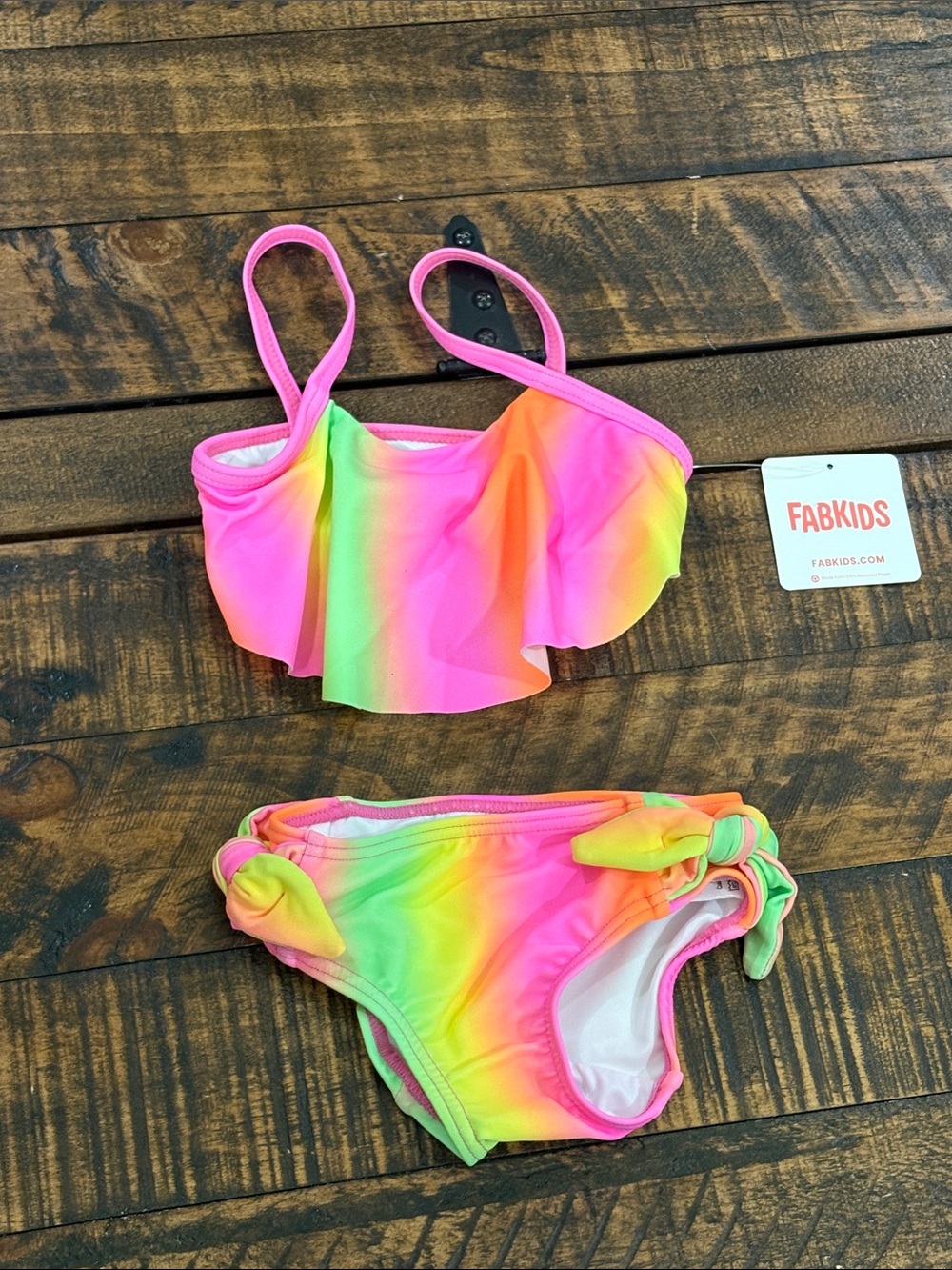 fabkids Neon Rainbow Ruffle Bikini Top & Tie-Side Bottoms - Pink, Yellow, Green